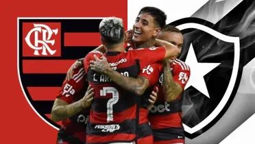 Equipe do Flamengo comemorando, atrás o escudo do Flamengo e do Botafogo